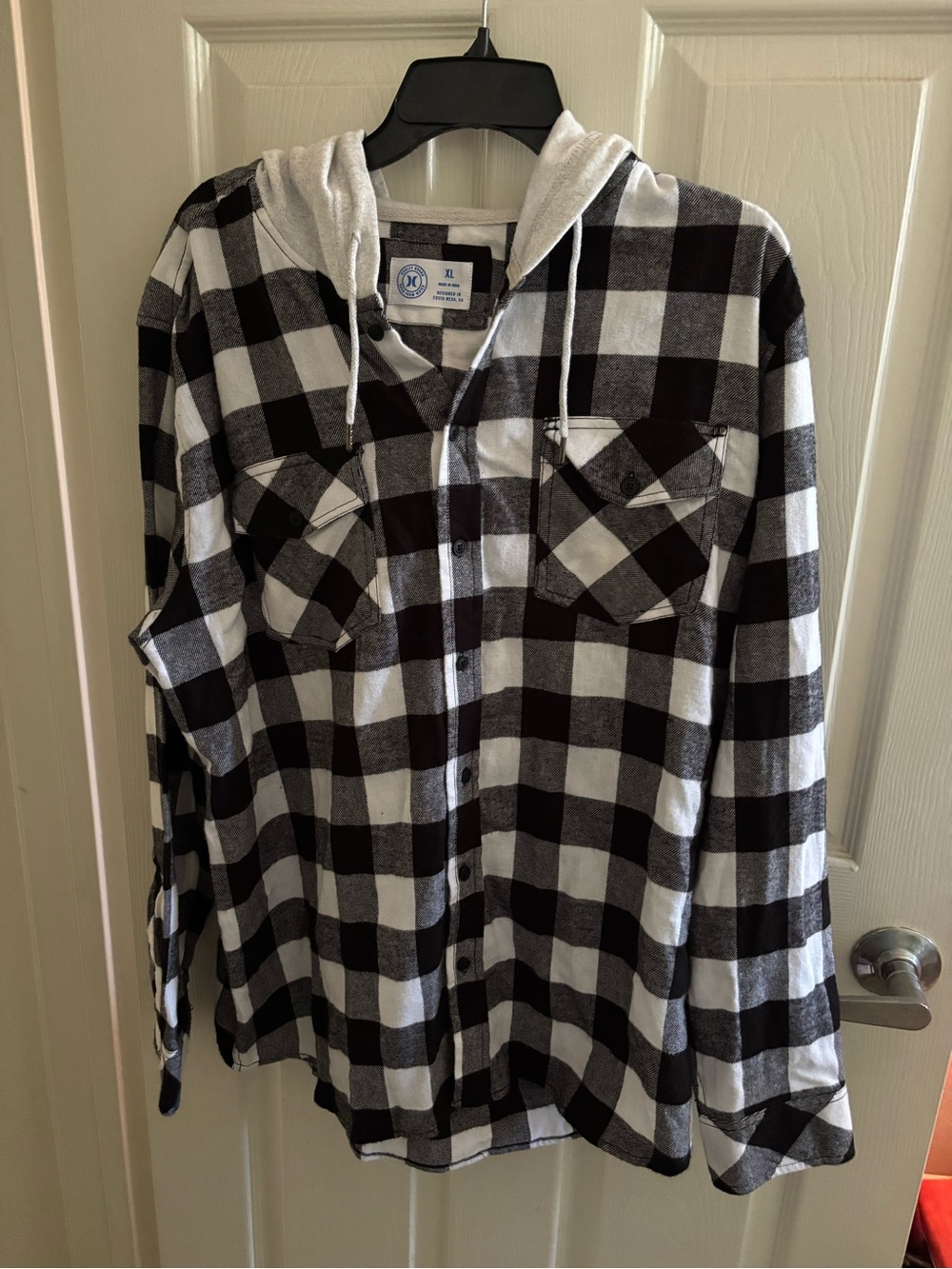 Black and White Hurley Plaid Hooded Flannel Shirt